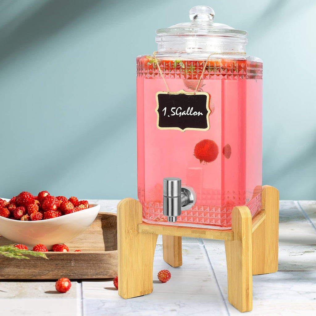 1.5 Gallon Glass Beverage Dispenser With Stand(Natual Bamboo). Water Drink Dispensers for Parties With Stainless Steel Spigot 100% Leakproof.Perfect For Parties And Daily Use.