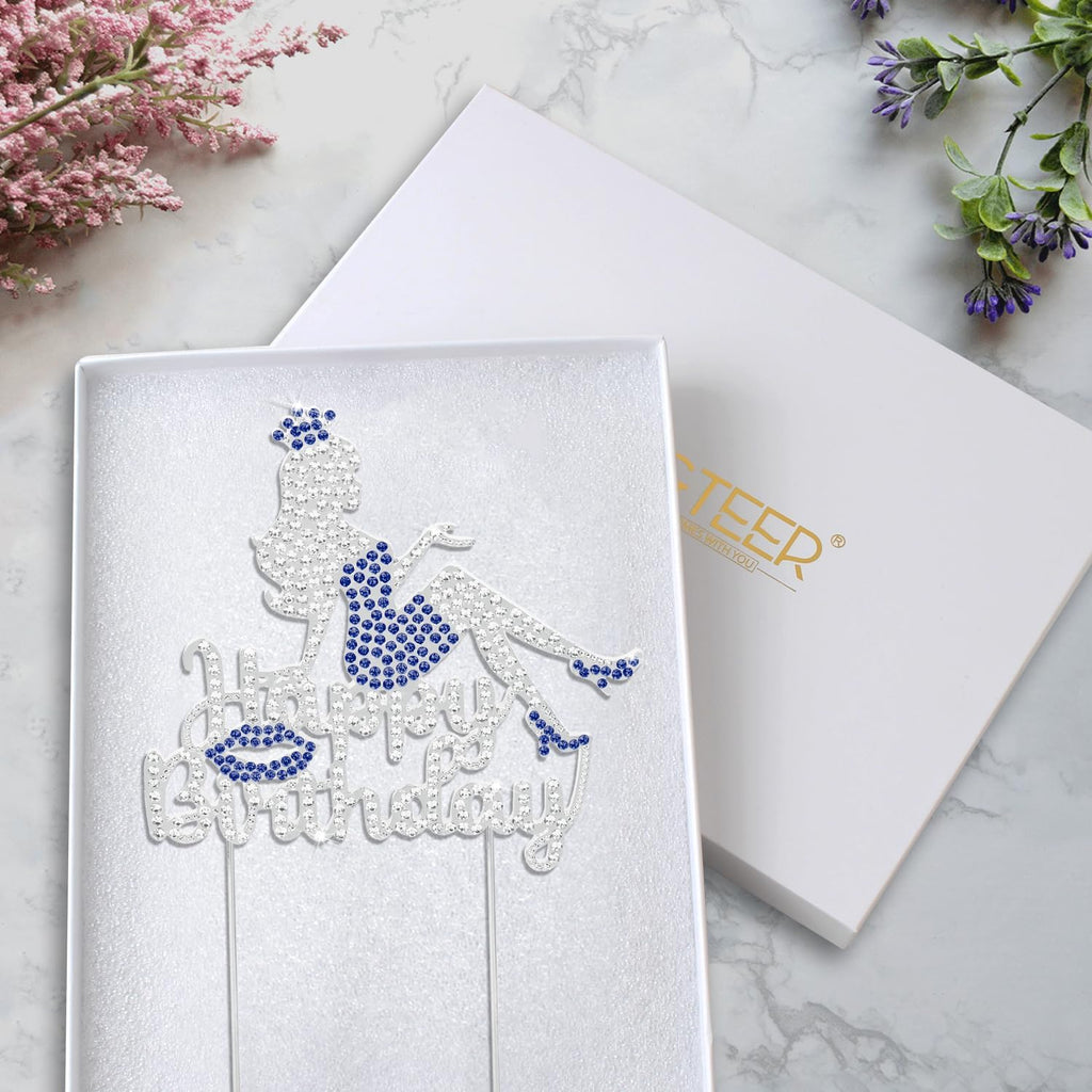 LINGTEER Happy Birthday Crown Queen Lady Rhinestone Cake Topper - Cheers to Makeup Spa Birthday Party Cake Centerpieces Decorations Gift Sign - Blue.