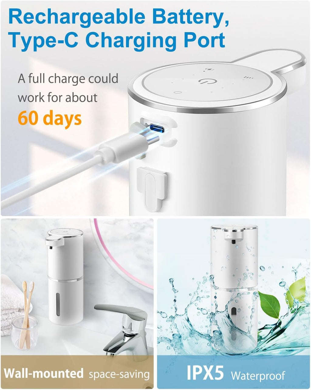 Automatic Liquid Soap Dispenser,4-Level Adjustable, Wall Mount,USB Rechargeable,12.8oz/ 380ml,Touchless Hand & Dish Soap Dispenser for Bathroom, Kitchen,Hotel, Restaurant