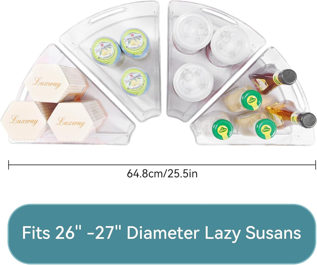 Oubonun Lazy Susan Organizers Set of 4, 10.2”x 9.4”x 4” Plastic Transparent Kitchen Cabinet Storage Bins with Handle, 4" Deep Container, 1/8 Wedge - Food Safe, without BPA