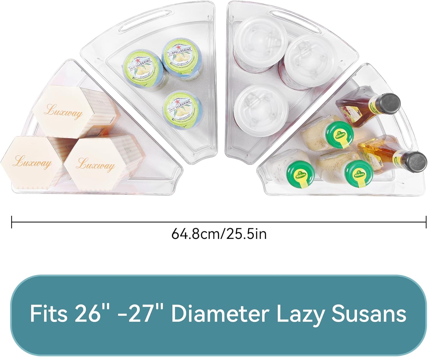 Oubonun Lazy Susan Organizers Set of 4, 10.2”x 9.4”x 4” Plastic Transparent Kitchen Cabinet Storage Bins with Handle, 4" Deep Container, 1/8 Wedge - Food Safe, without BPA