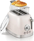 Beige Cute Retro Toaster 2 Slice with 1.58" Wide Slots, Bread toaster with Cover and Warm Rack, Stainless Steel Toaster with Removable Crumb Tray, Preheat, Defrost, Cancel Function (Cream)