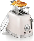 Beige Cute Retro Toaster 2 Slice with 1.58" Wide Slots, Bread toaster with Cover and Warm Rack, Stainless Steel Toaster with Removable Crumb Tray, Preheat, Defrost, Cancel Function (Cream)