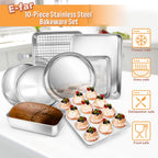 E-far 10-Piece Baking Pans set, Stainless Steel Bakeware Set for Oven, Include Cake Pan/Baking Cookie Sheet/Pizza/Muffin/Loaf Pan, Non-Toxic & Heavy Duty, Dishwasher Safe
