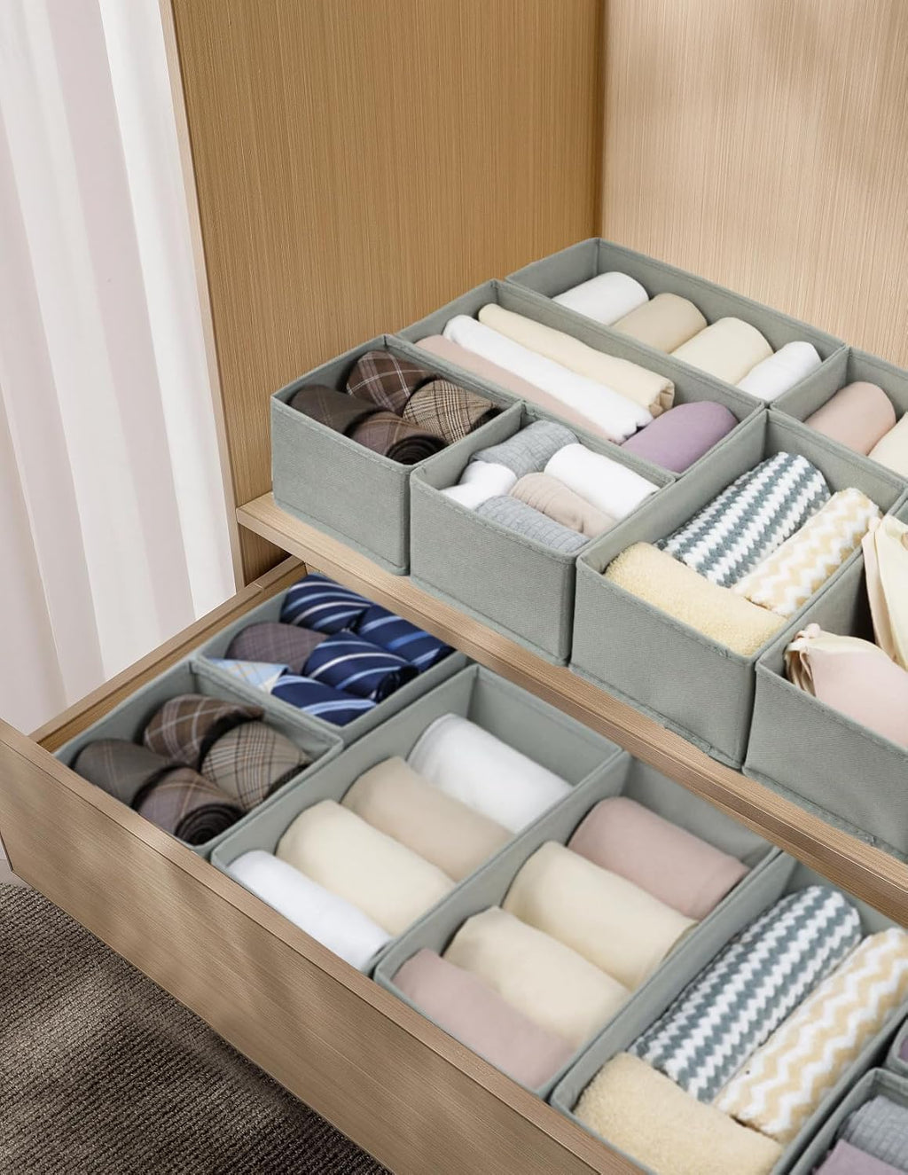 Set of 12 Drawer Organizer, Fabric Closet Organizer and Storage Baskets,Foldable Drawer Divider for Clothing,Sock,Ties,Underwear Drawer Organizers,Set of Cabinet Storage Boxes (Gray)