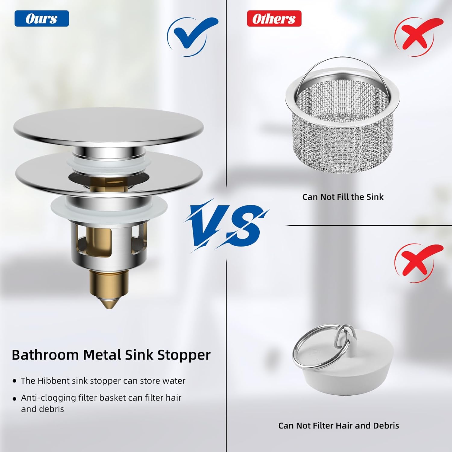 Hibbent 2 Pack All Metal Upgraded Bathroom Sink Stopper, Universal Pop Up Sink Drain Strainer, Brass Bullet Core Push Type Sink Stopper for 1.1''~2.3''' Basin, Anti Clogging Drain Filter, Chrome