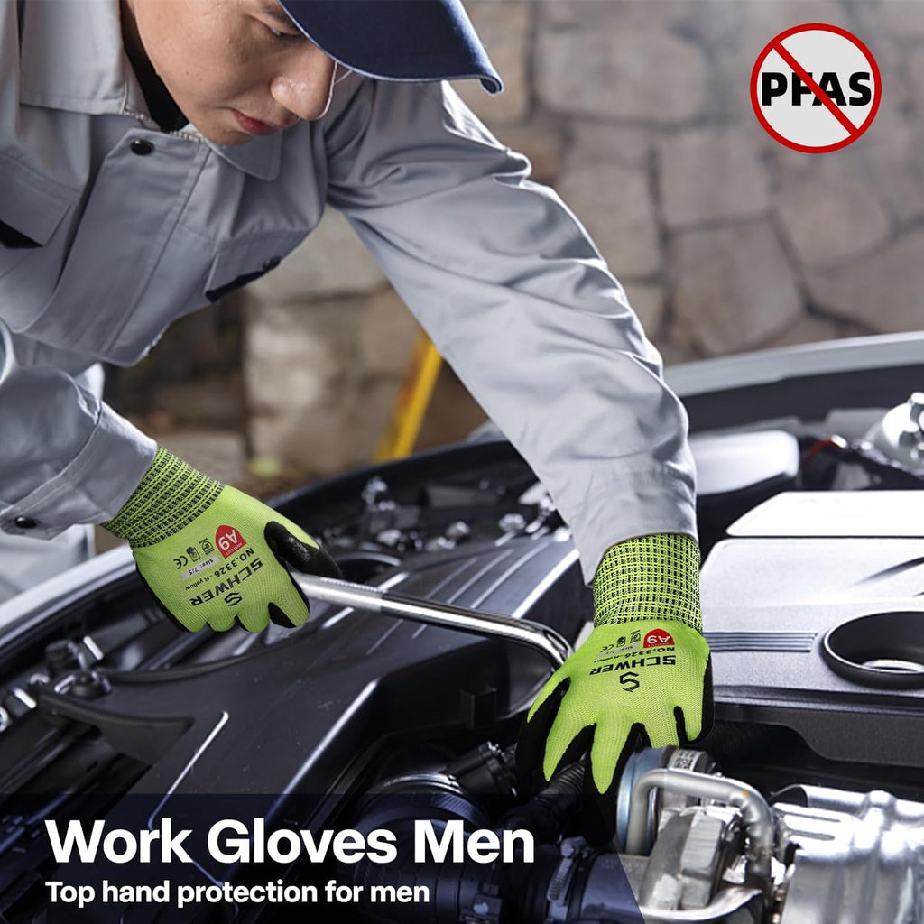 Schwer ProGuard Highest Level Cut Resistant Work Gloves PR3326 for Extreme Protection, ANSI A9 Working Gloves with Sandy Nitrile Coated, Touch-screen, Durable, Washable, Non PFAS, Yellow 1 Pair L
