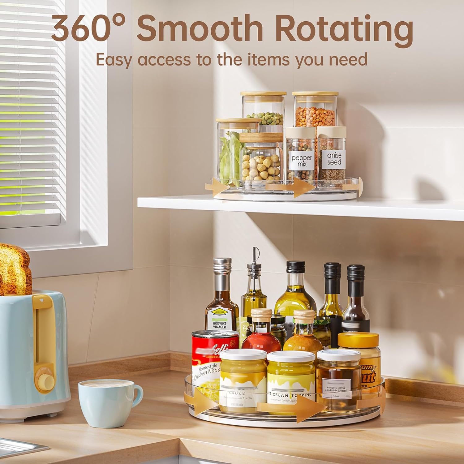 LAMU 3 Pack Lazy Susan Organizer, Clear Lazy Susan Turntable for Cabinet, Spice Organizer for Pantry, Refrigerator, Table Top, Kitchen Organizer and Storage, 2 Size (1 Piece 11'' + 2 Piece 9'')