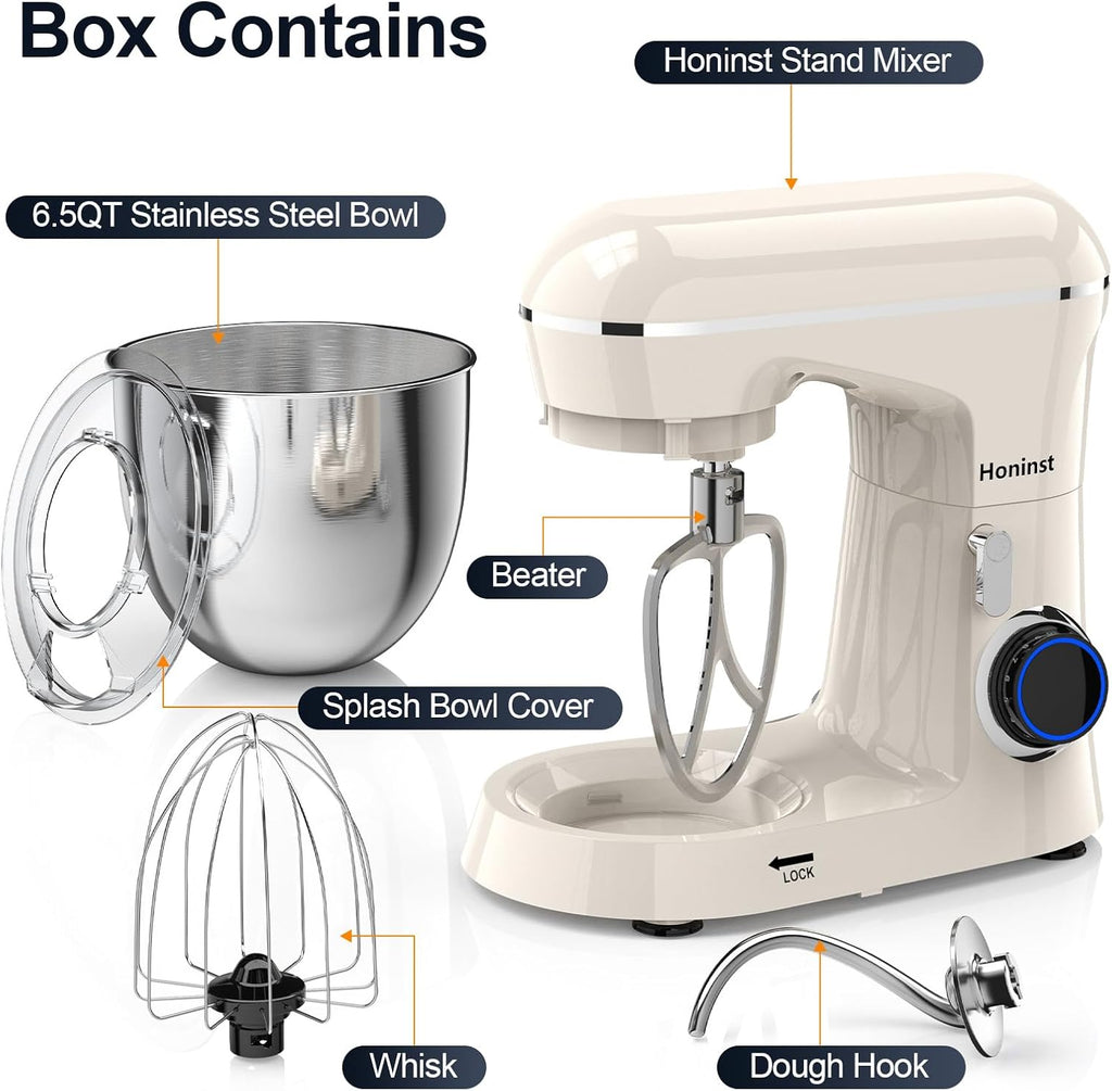 Stand Mixer, 6.5QT 10-Speed Tilt-Head Electric Stand Mixer, 3-In-1 Kitchen Mixer with Bowl, Dough Hook, Whisk and Beater, Food Mixer for Baking, Cake and Most Home Cooks, Beige