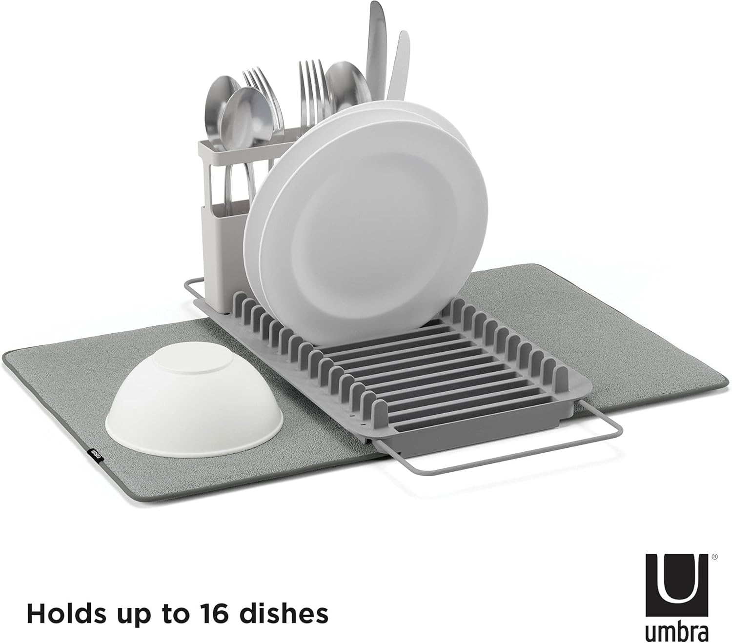 Umbra Udry Rack and Microfiber Dish Drying Mat-Space-Saving Lightweight Design Folds Up for Easy Storage, Over The Sink, Charcoal