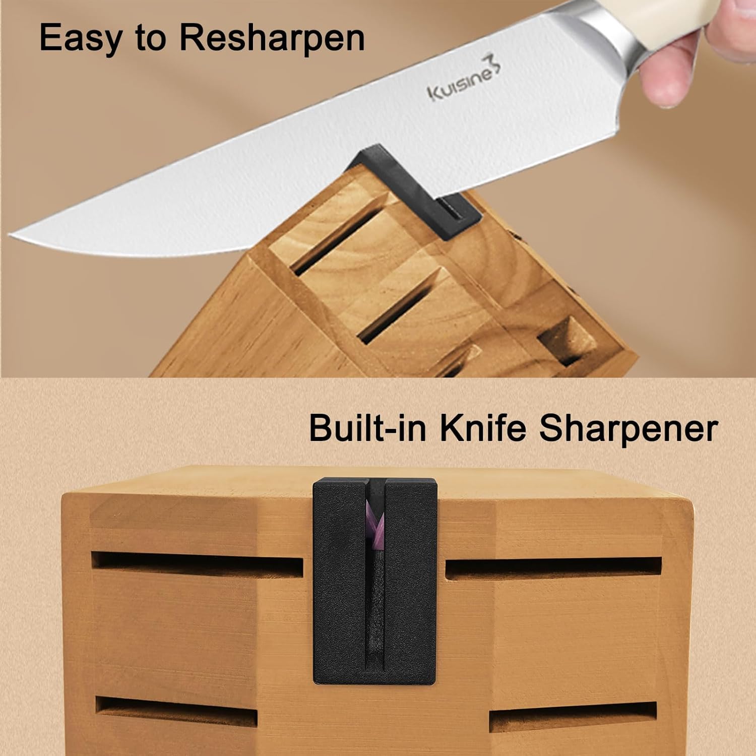 Kuisine Kitchen Knife Set,High Carbon Stainless Steel Ultra Sharp Blade Ergonomic Handle,Knife Block Set with Built-in Sharpener,Elegant Gift for Holiday(Irovy-Acacia,15PCS)