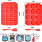 Silicone Muffin Pan Cupcake Set, Non-Stick Regular 12 Cups and Mini 24 Cups,Silicone Baking Molds,BPA Free Muffin Tin with 1 Silicone Spatula & 1 Oil Brush (Red)