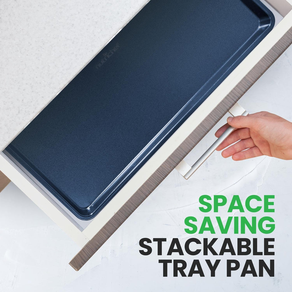 NutriChef Non-Stick XL Cookie Sheet for Baking - Premium Extra Large Carbon Steel Baking Tray for Cookies, Jelly Rolls, Pastries, & More - Blue Diamond, 22" x 16"