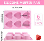 3-Pack 6-Cup Silicone Muffin Pans, Nonstick Cupcake Baking Molds, BPA/PFA-Free, Dishwasher & Oven Safe Heart-shaped Pink