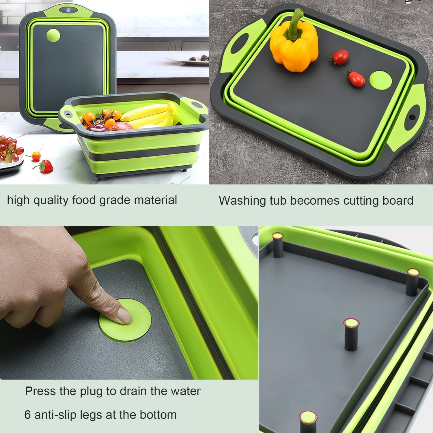 Camping Collapsible Cutting Board Dish Basin BBQ Prep Tub Camp Sink Dish Washing Station Multifunctional Storage Basket(Grey green)