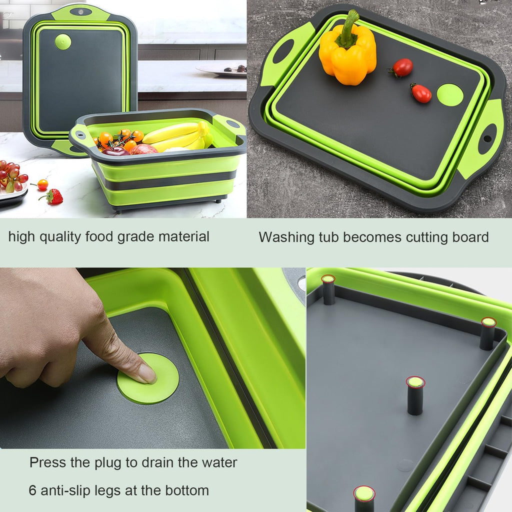 Camping Collapsible Cutting Board Dish Basin BBQ Prep Tub Camp Sink Dish Washing Station Multifunctional Storage Basket(Grey white)