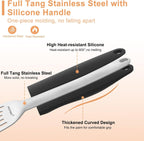 Stainless Steel Fish Spatula, Metal Fish Turner with Silicone Handle, Kitchen Slotted Spatula for Cast Iron Skillet Cooking and Grilling, Beveled Edge and Curved Blade, 13.5 Inch