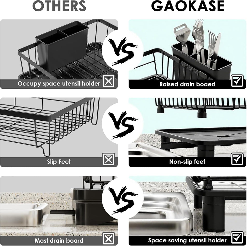 Dish Drying Rack, Stainless Steel Space-Saving Dish Rack, Dish Racks for Kitchen Counter, Kitchen Dish Drainers with Removable Utensil Holder,New Drain Outlet,Plate Rack and Drainboard, Black