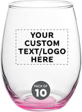 Custom Stemless Wine Glasses in Bulk by ARC Perfection, 15 oz, 10 pack, Personalized Text, Logo, Red or White Wine Glass Set, Pink