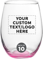 Custom Stemless Wine Glasses in Bulk by ARC Perfection, 15 oz, 10 pack, Personalized Text, Logo, Red or White Wine Glass Set, Pink