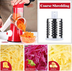 Ourokhome Rotary Cheese Grater Hand Crank, Kitchen Shredder Speed Mandolin Slicer Nut Grinder with Handle and Drum Blades for Cheese, Vegetable, Walnut, Chocolate, Potato, Carrot, 3 Blades, Red