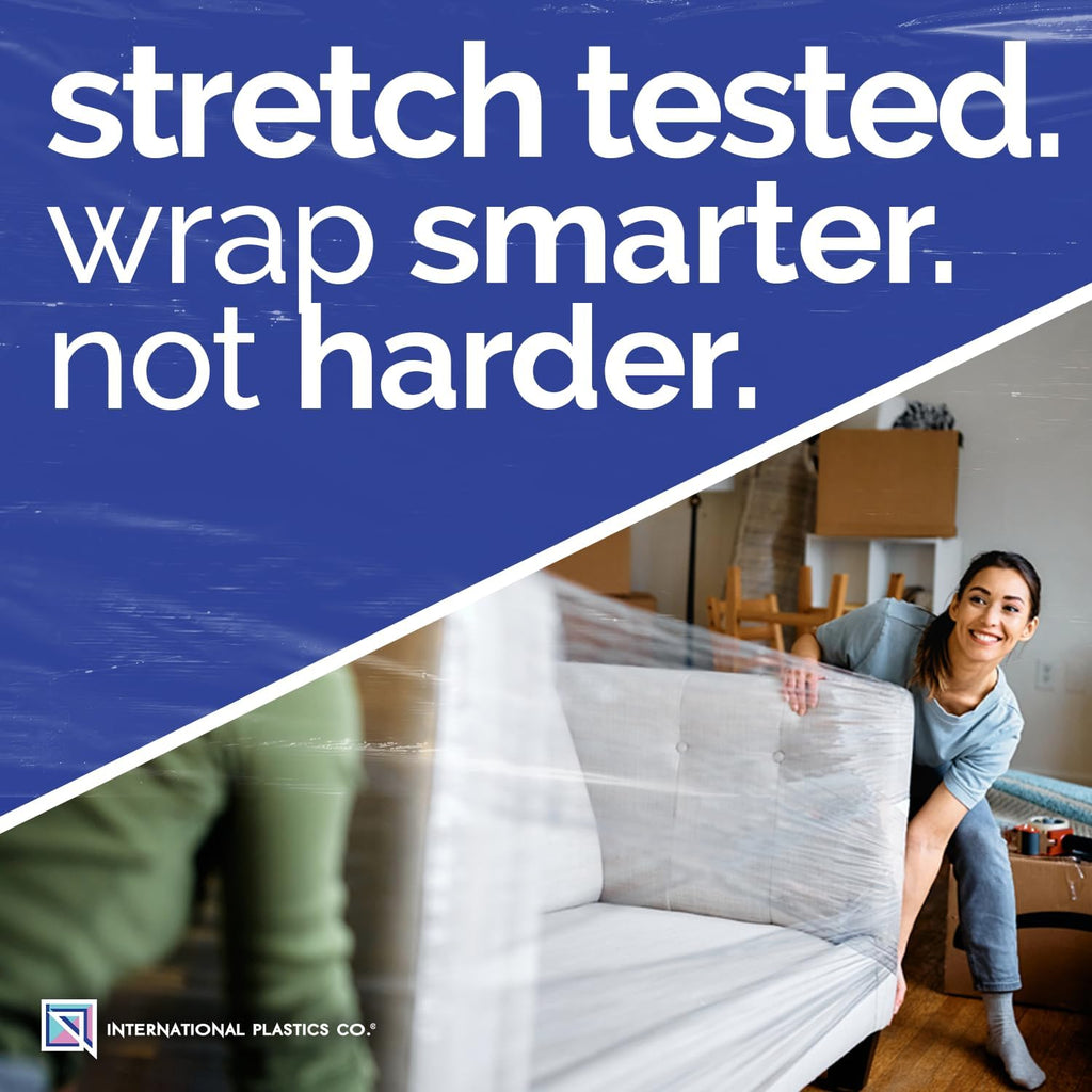 International Plastics Co. 15" Plastic Stretch Film Wrap with Tension Handles 1200ft Each 500% Stretch Clear Cling Durable Adhering Packing Moving Packaging Heavy Duty Shrink