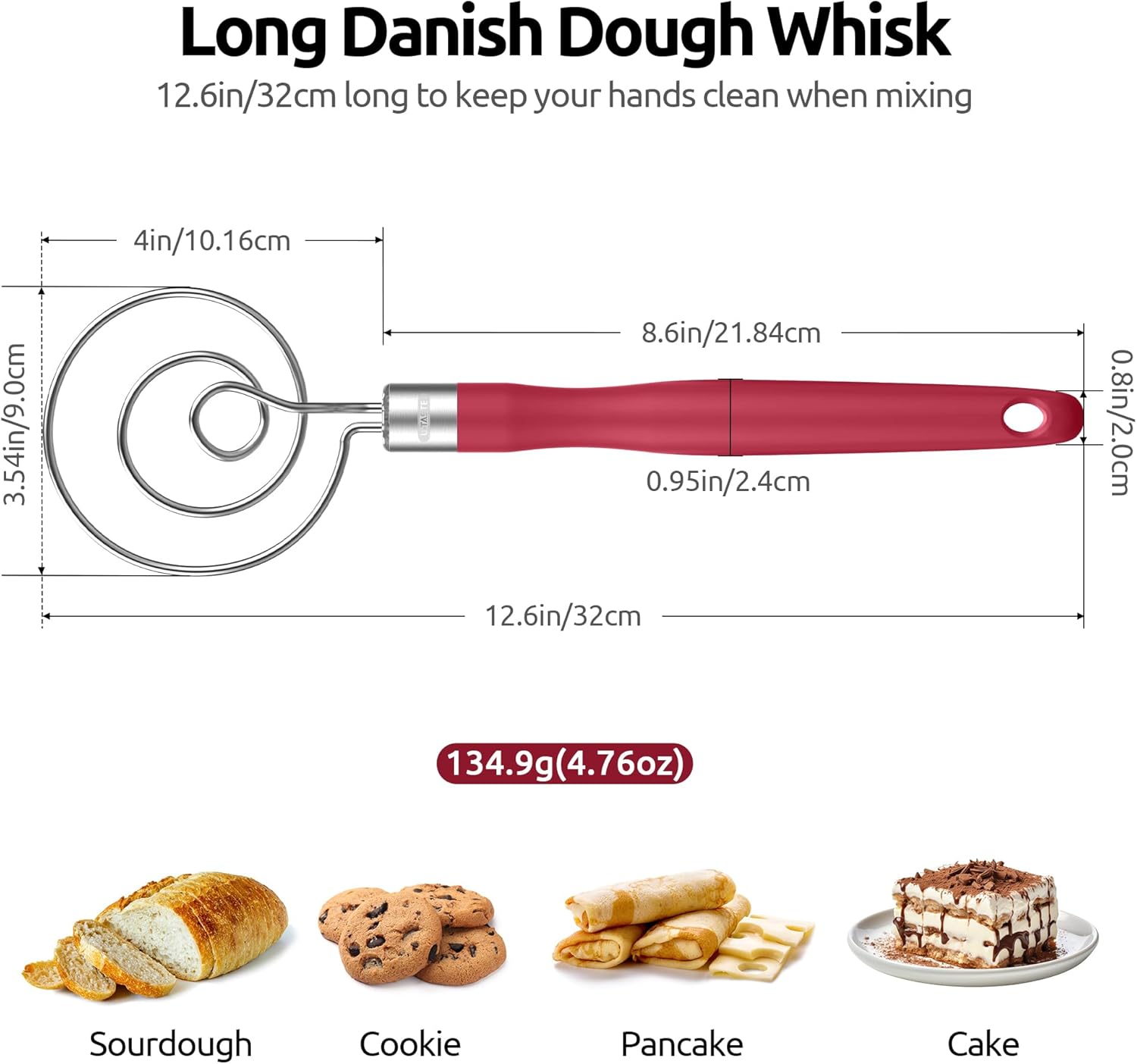 U-Taste 12.6in Danish Dough Whisk: 18/8 Stainless Steel Heavy-Duty Sourdough Mixer Tool, Food Grade Dutch Style Seamless Bread Wisk, Sturdy for Mixing, Stirring, Pressing, Kneading Thick Batter (Red)