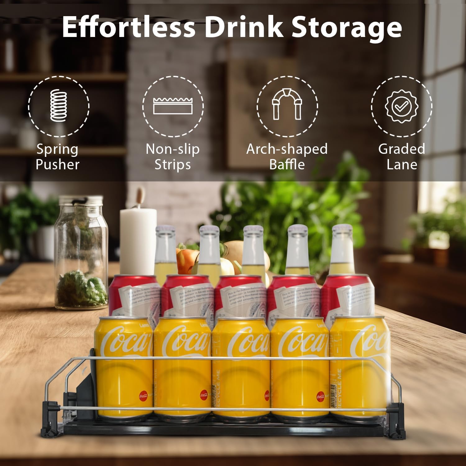 Upgraded Drink Organizer for Fridge – Adjustable Width Soda Can Organizer with Automatic Glide, Space-Saving Refrigerator Can Dispenser Holds Up to 25 Cans – Drink Holder for Fridge (3 Rows, Black)