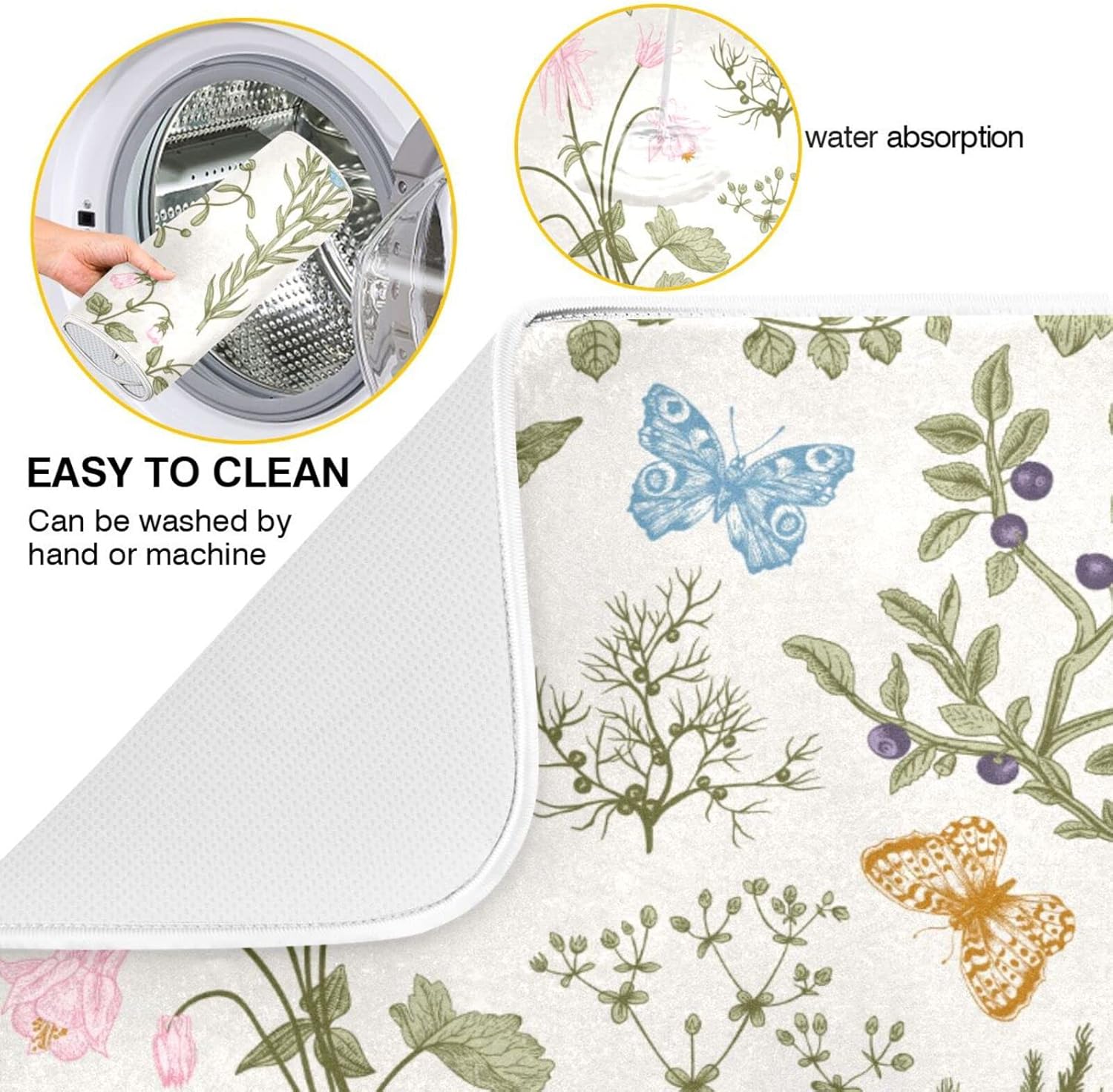 Herbs Flowers Botanical Butterfly Dish Drying Mat for Kitchen Counter Absorbent Microfiber Drying Pad, Medium 16x18 in, Reversible Drainer Mats