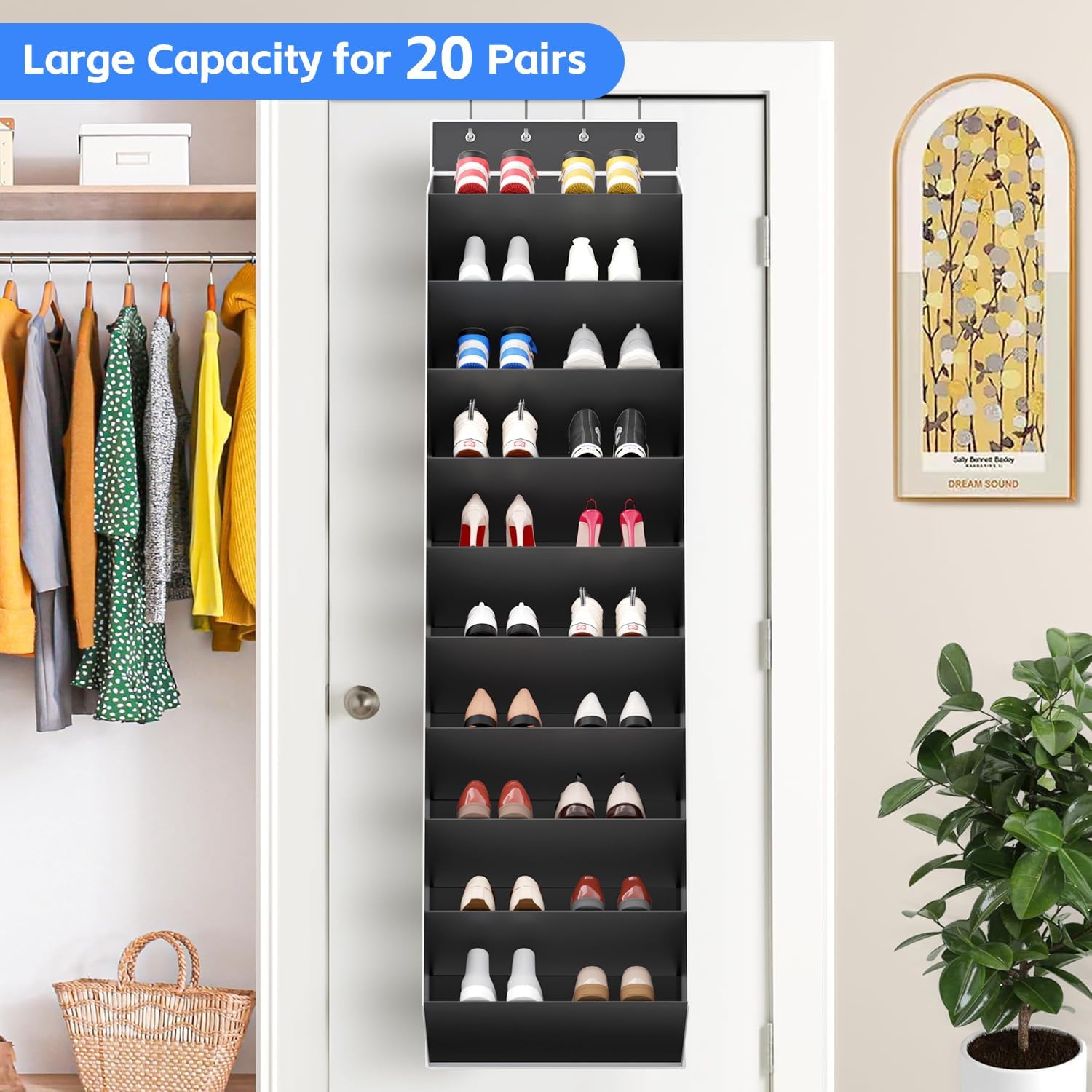 REGELETO 10 Tiers Large Size Over the Door Shoe Organizer Storage, Hanging Shoe Rack for Door with Deep Pockets, Fit 20 Pairs Shoe Organizer Holder for Sneakers and Boots (Black)