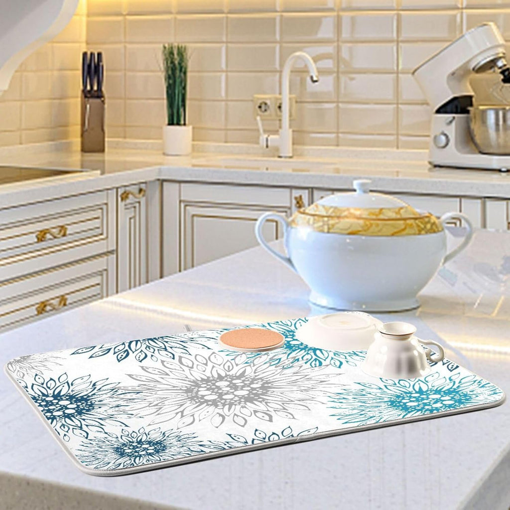 Abstract Flowers Sunflowers Dish Drying Mat for Kitchen Counter Absorbent Microfiber Drying Pad, Large 18x24 in, Blue White Reversible Drainer Mats