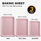 HONGBAKE Baking Sheet Pan Set, Cookie Sheet for Oven, Nonstick Bakeware Sets with Wider Grips, 3 Pack Half/Jelly Roll/Quarter Baking Tray, Premium, Dishwasher Safe-Pink