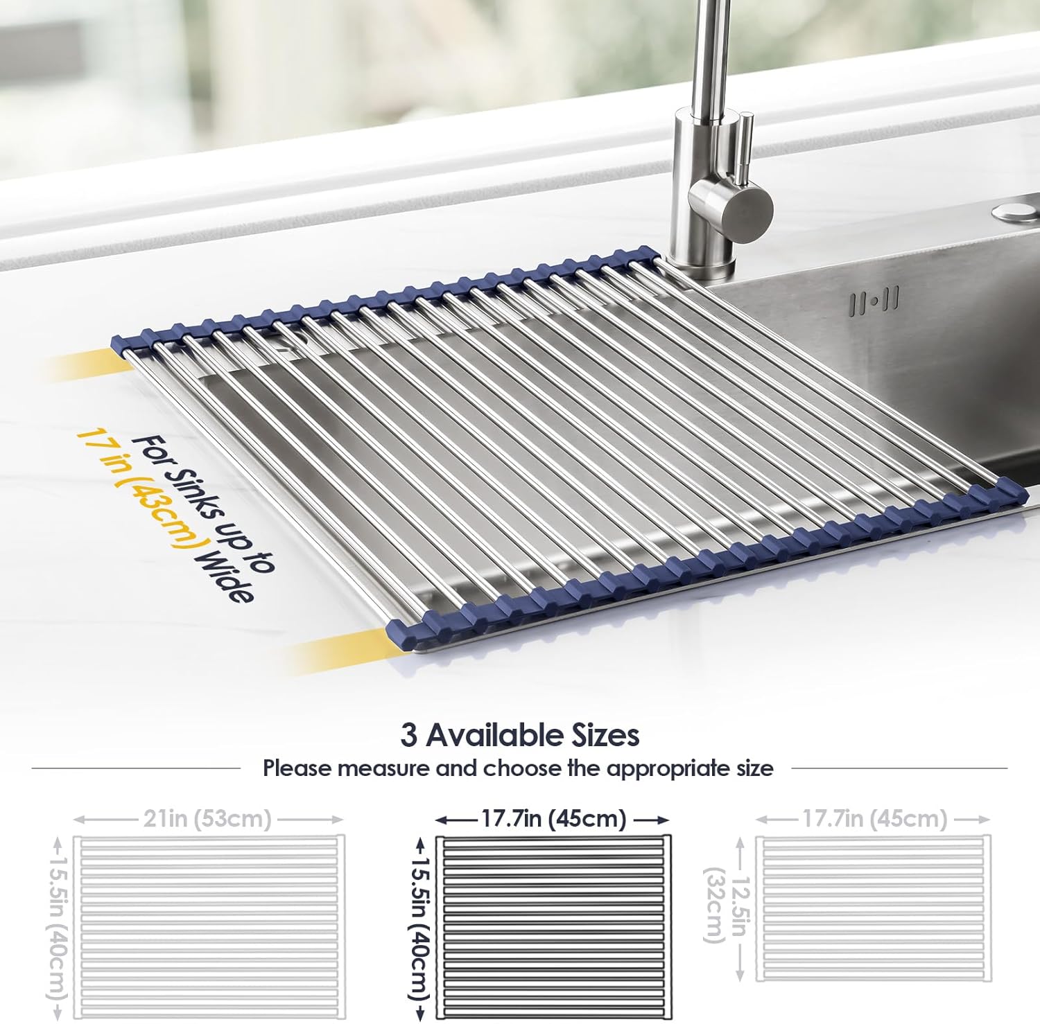 Tomorotec 17.7" x 15.5" Roll Up Dish Drying Rack Over Sink Drying Rack Sink Cover Kitchen Sink Accessories Gadget Multipurpose Organizer Foldable Stainless Steel Drainer