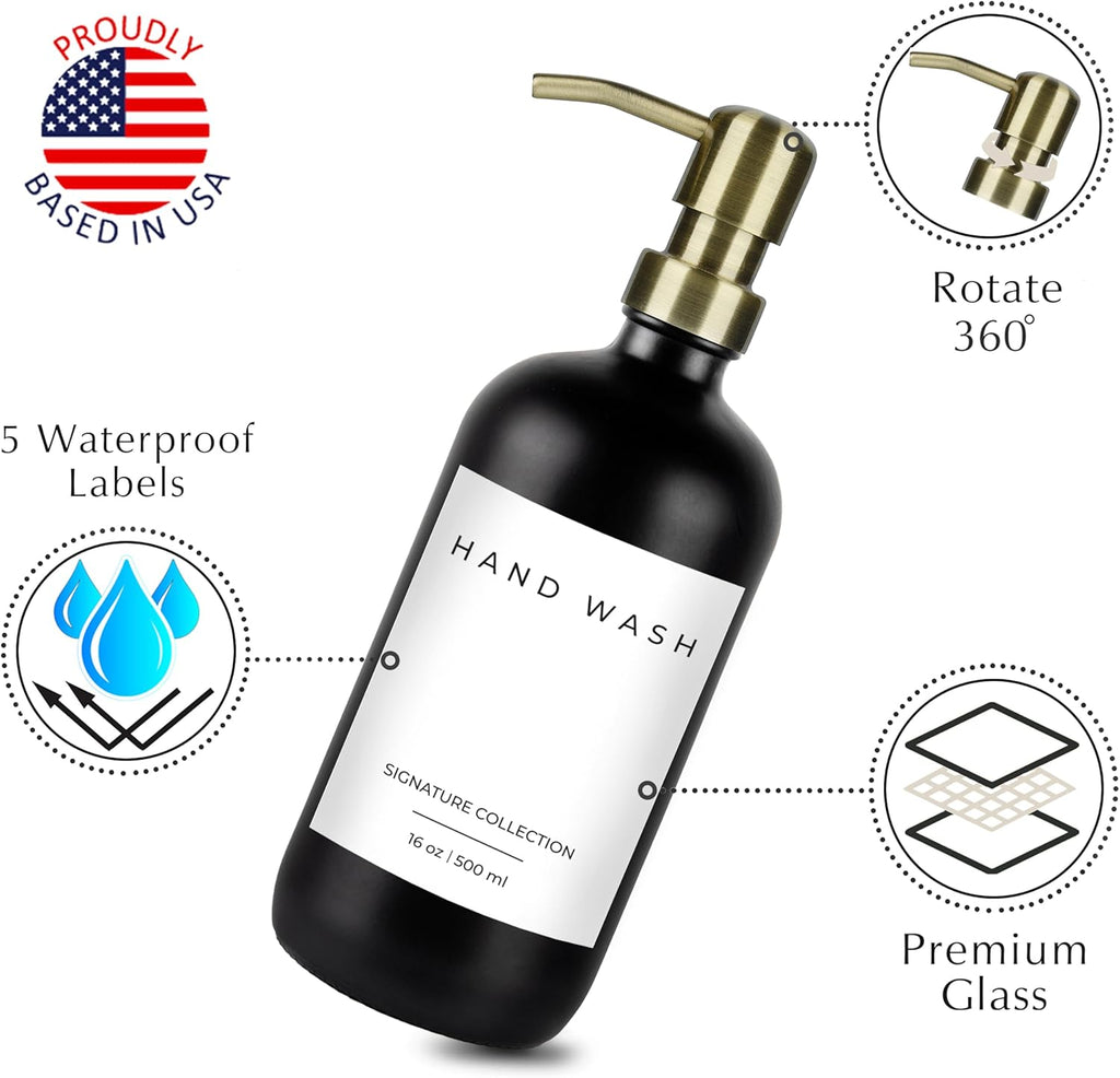 Emerson Soap Dispenser, Dish Soap Dispenser for Kitchen, Soap Dispenser Bathroom Set - Hand Soap Dispenser, Kitchen Soap Dispenser Set, Glass Soap Dispenser with Pump and Labels - 16 Oz, 2 Pack