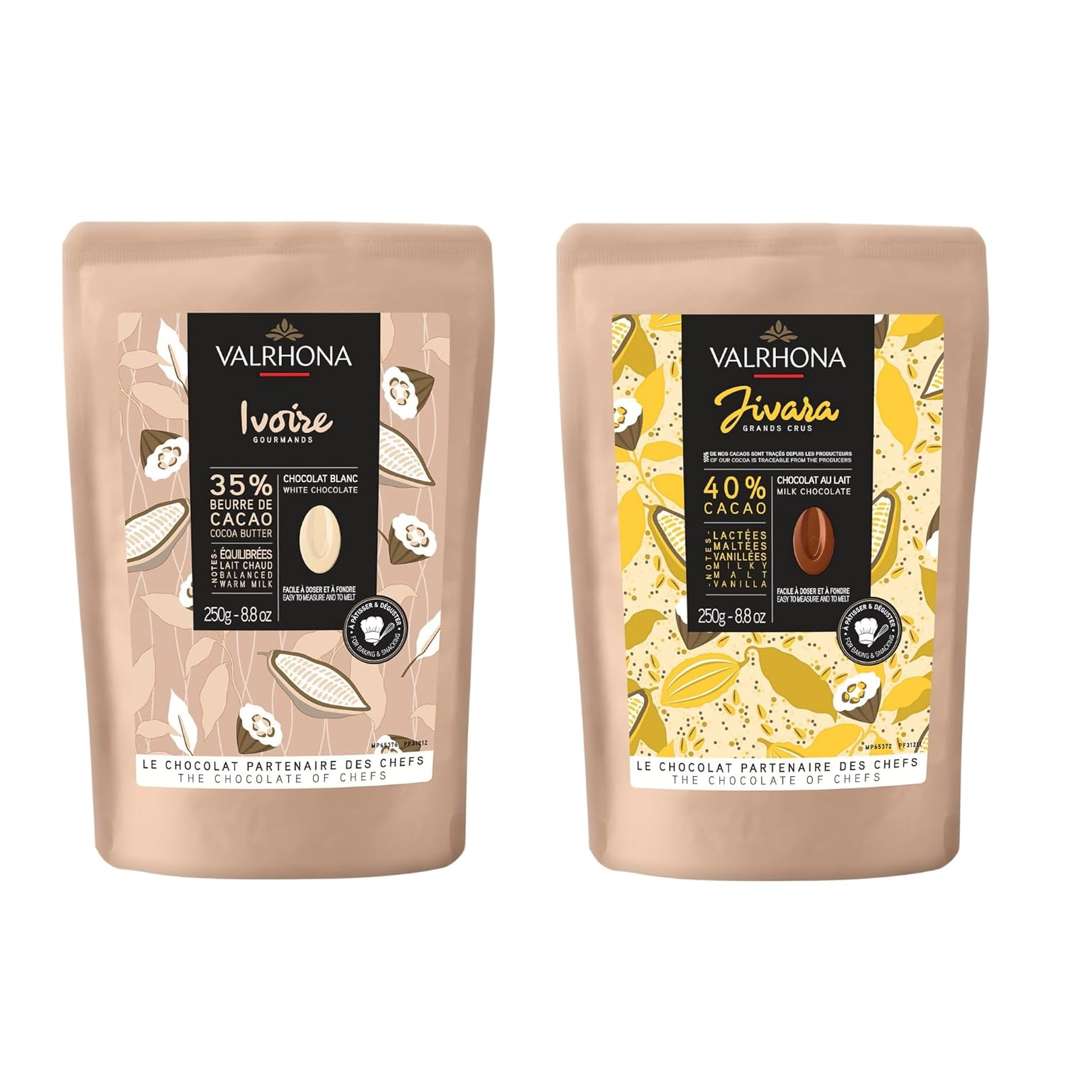 Valrhona Premium Baking Chocolate Discs (Feves), Creamy JIVARA 40% w/Hints of Vanilla and Malt, and Milk Chocolate IVOIRE 35% w/Hints of Vanilla & Warm Milk, For Cookies, Cakes, and more