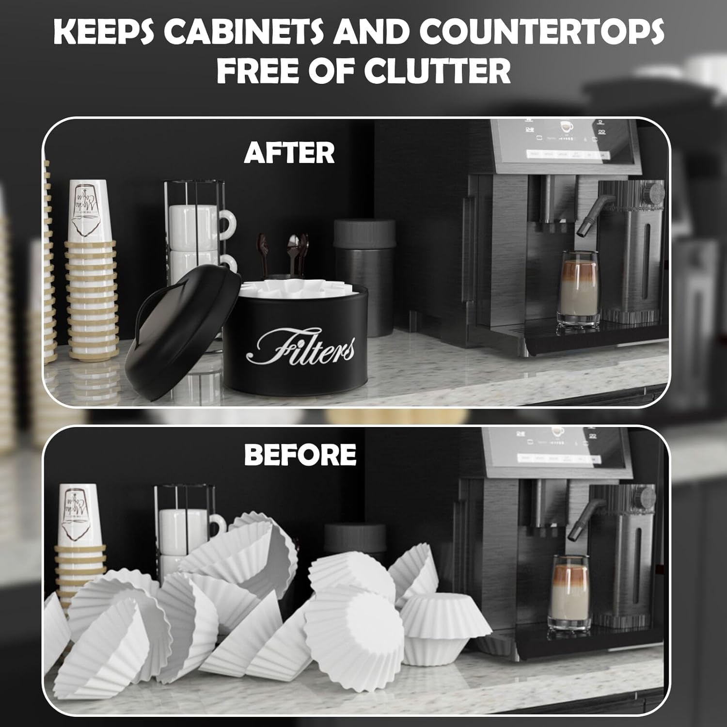 Black Basket Coffee Filter Holder With Lid - Round Container for Counter Storage - Rustic Farmhouse Bar Accessories Decor