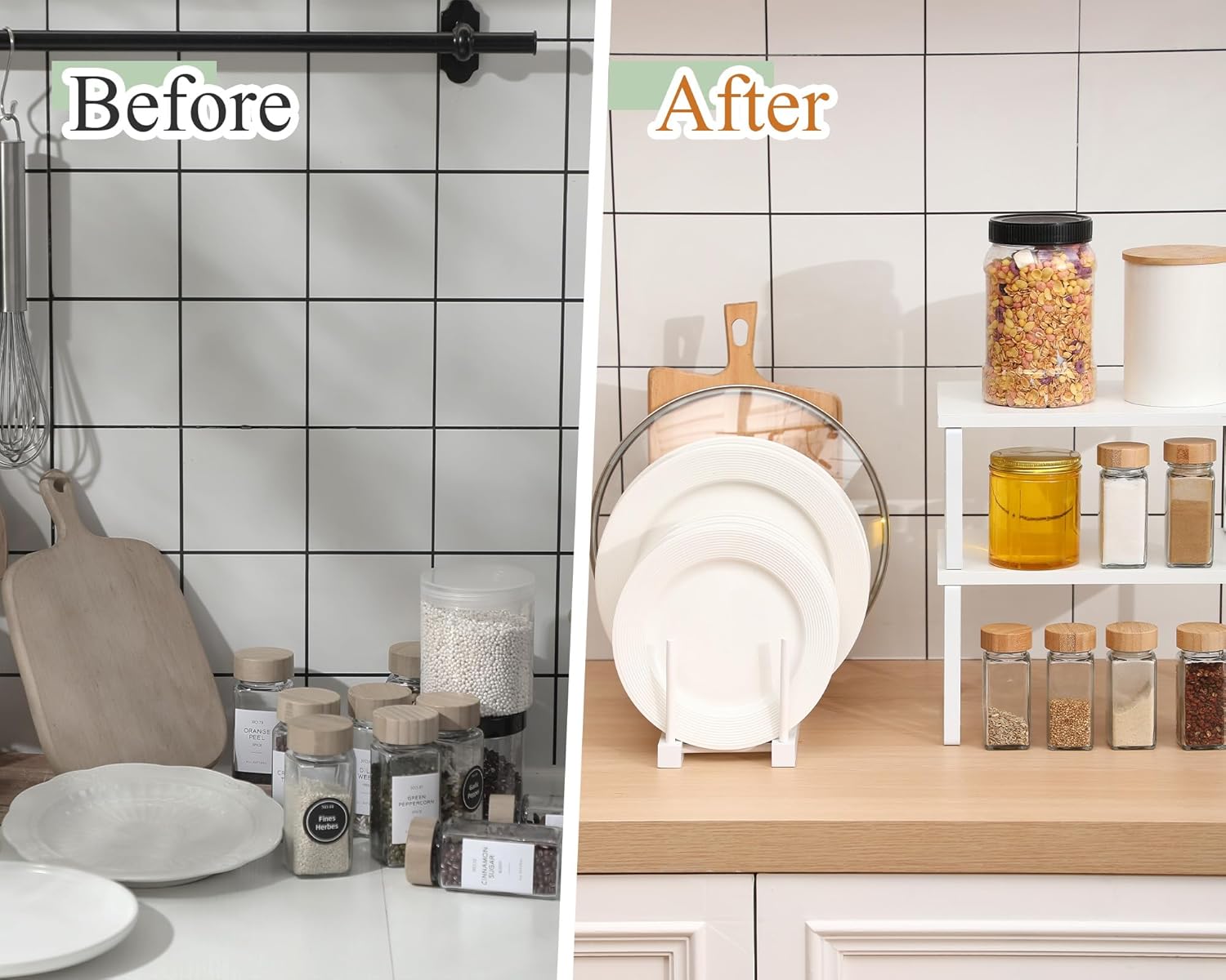 Marsui 4 Pcs Kitchen Organizer Accessories Set Cabinet Organizer Shelf and Bamboo Dish Drying Plate Rack Counter Shelves Storage Holder for Spice Rack, Dish, Pot Lid, Bowl, Cup (White)