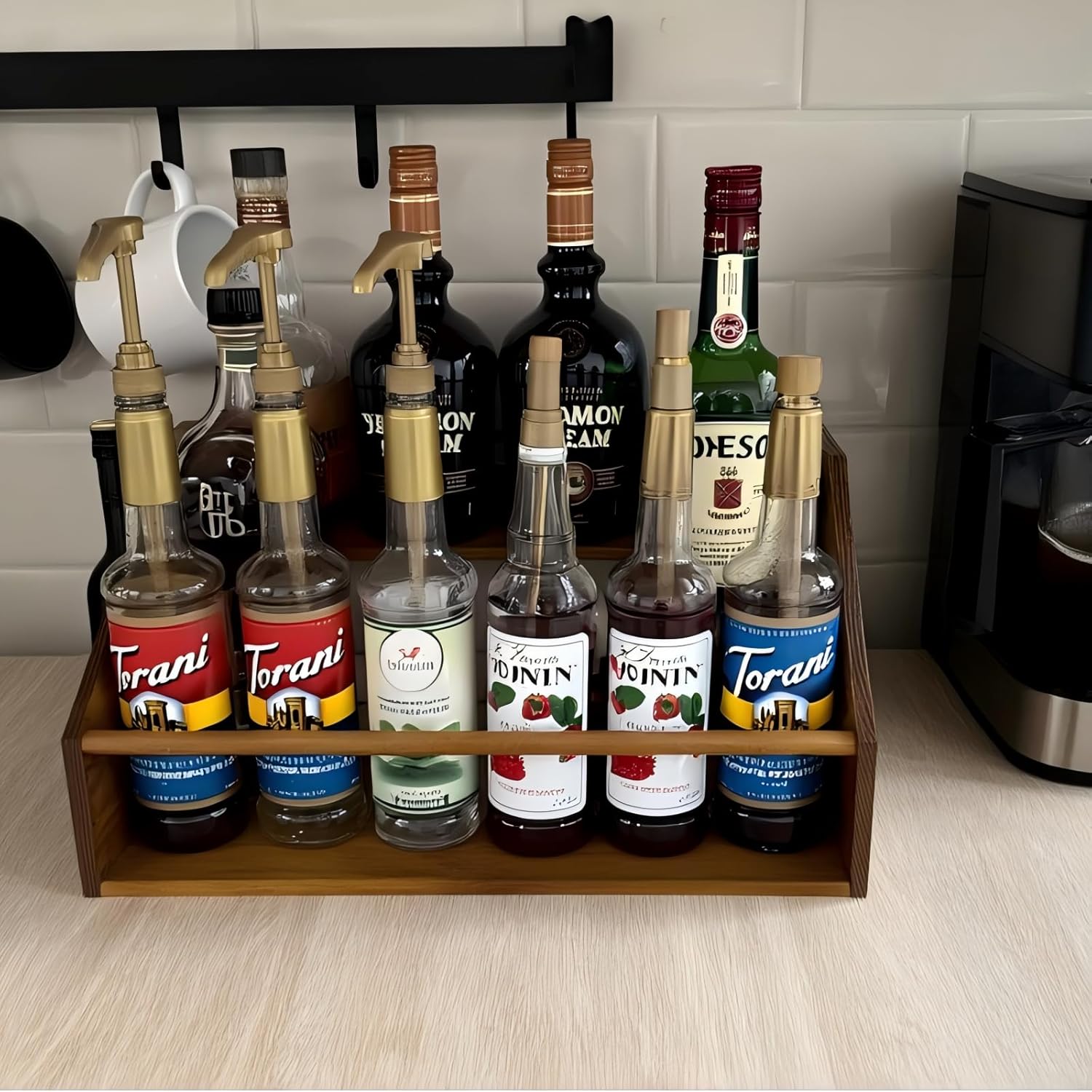 3 Tier Wood Liquor Bottle Display Shelf, Coffee Syrup Organizer Rack, Wine Racks Countertop, Bar Shelf for Vodka Tequila Whiskey, Liquor Cabinet for Home Decor, Mini Bar, Black Bar Organizer