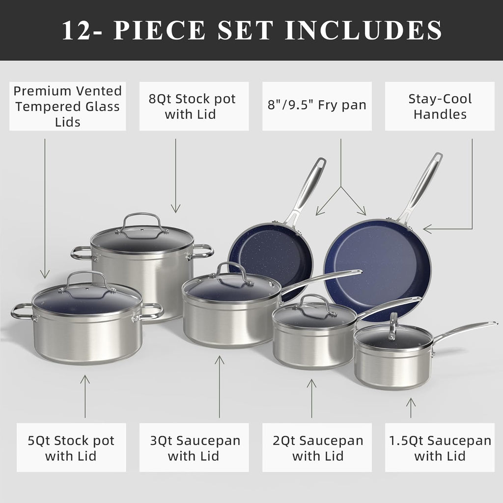 Nuwave Healthy Duralon Blue Ceramic Nonstick Cookware Set, Diamond Infused Scratch-Resistant, PFAS Free, Dishwasher & Oven Safe, Induction Ready & Evenly Heats, Tempered Glass Lids & Stay-Cool Handles