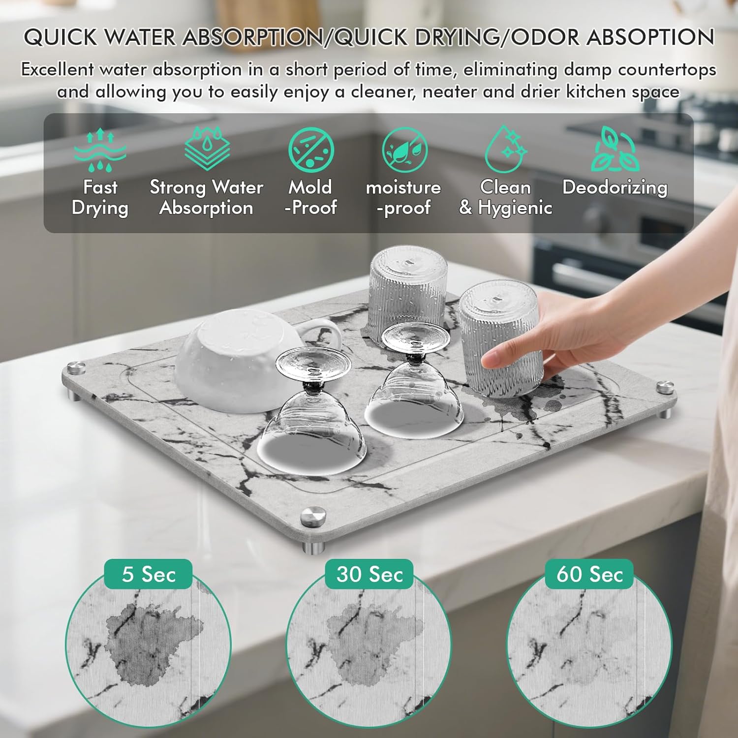 Stone Drying Mat For Kitchen Counter Superb Absorbent Diatomaceous Earth Mats with Non-Slip Feet Quick Dry Stone Dish Drying Pad Dish Pad Multi-Purpose(Marble-LightGray, 15.7" x 11.8")