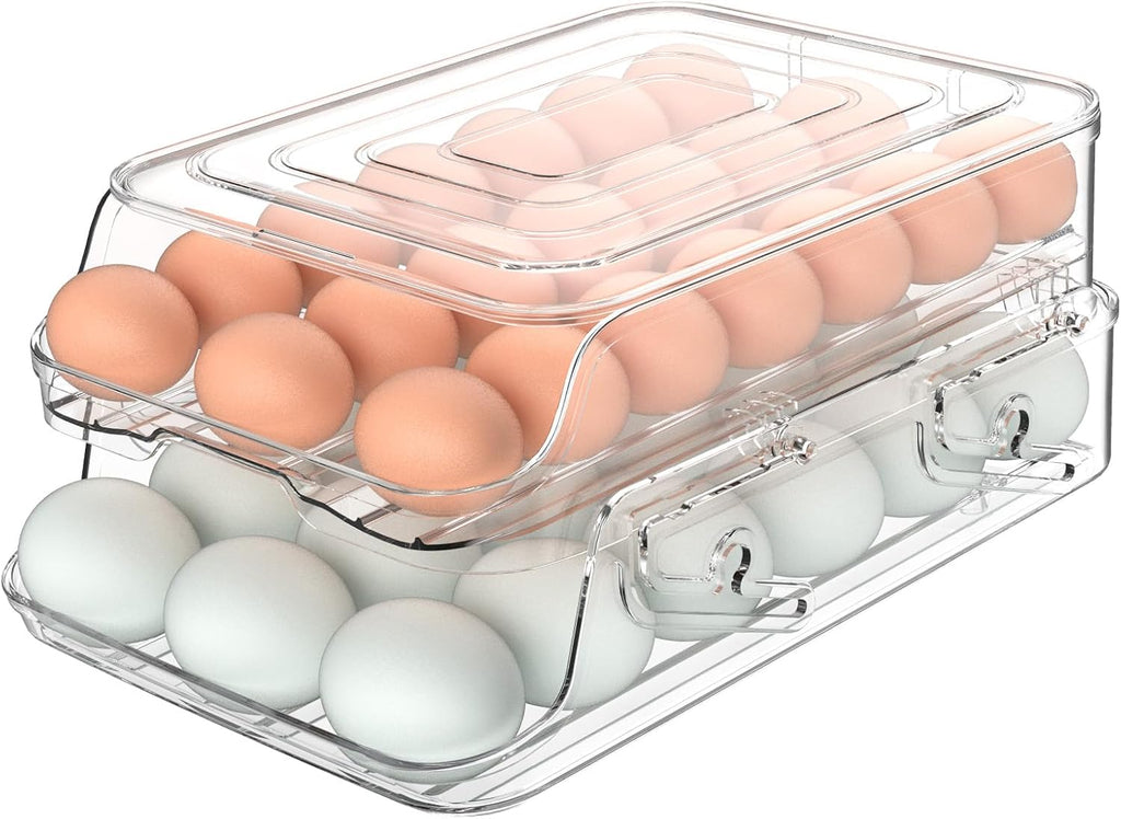 Egg Holder for Fridge, Automatic Steady Rolling Egg Dispenser with Silicone Bumpers, Egg Container With Lid, Large Capacity Clear Egg Holder for Kitchen or Pantry Organizers&Storage