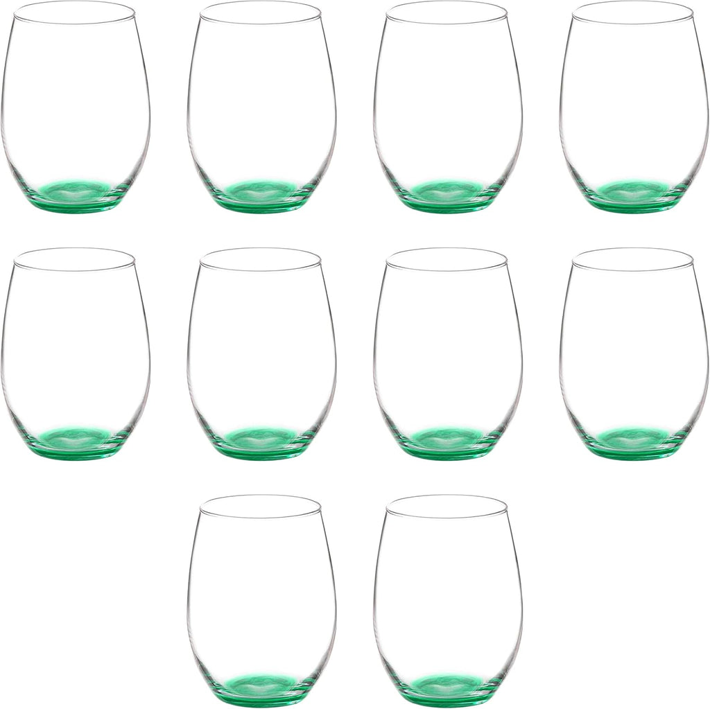 DISCOUNT PROMOS 10 ARC Stemless Wine Glasses Set, 21 oz. - Chardonnay, Cabernet, Merlot, Sauvignon - Green