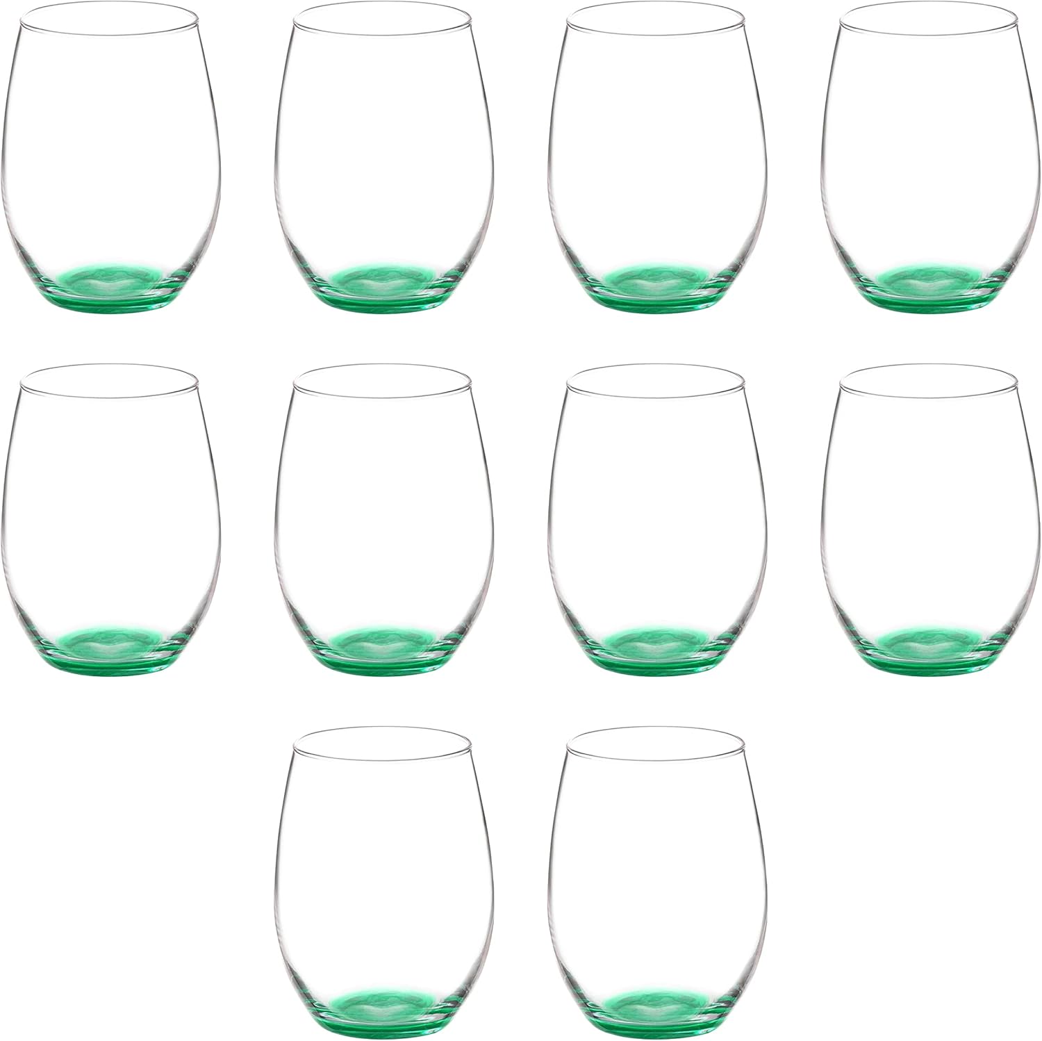 DISCOUNT PROMOS 10 ARC Stemless Wine Glasses Set, 21 oz. - Chardonnay, Cabernet, Merlot, Sauvignon - Green
