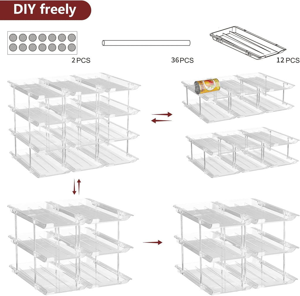 Can Organizer for Pantry, 3 Sets 4 Tiers Can Storage Organizer Pantry,Soda Can Organizer for Fridge 48 Cans Rack Automatic Rolling Stackable Canned Food Organizer,Clear