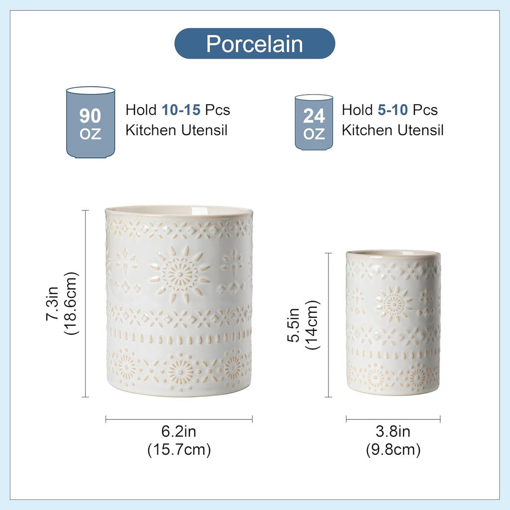 LOVECASA Utensil Holder, 7.2"+5.4" Ceramic Utensil Holder for Countertop, Large Cooking Utensil Crocks for Kitchen Counter, Farmhouse Utensil Vase for Housewarming, Kitchen Decor, Set of 2, Oasis