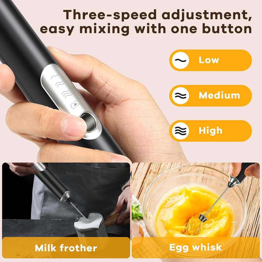 Milk Frother Handheld 2 Speed Adjustable Handheld Electric Foam Maker Milk Frother Handheld Rechargeable Electric Foam Maker with 2 Stainless Whisks For Latte, Cappuccino, Hot Chocolate, Egg