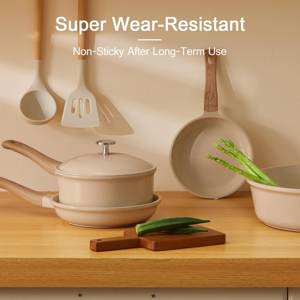 21Pcs Pots and Pans Set with Aluminum Lid, Nonstick Ti-Ceramic Cookware Sets, Induction Cookware Non Stick Cooking Set w/Frying Pans & Saucepans(PFOS, PFOA Free)-Taupe