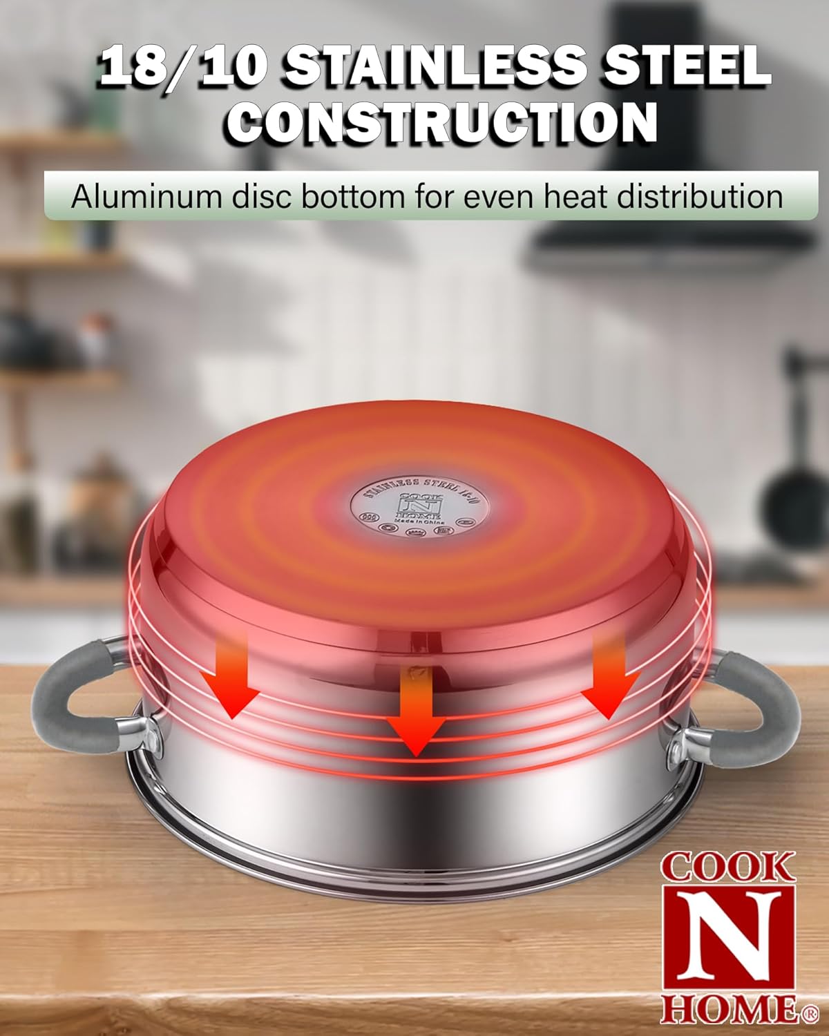 Cook N Home Kitchen Cookware Set, 12-Piece Basics Stainless Steel Pots and Pans Set with Grey Silicone Handle, Silver