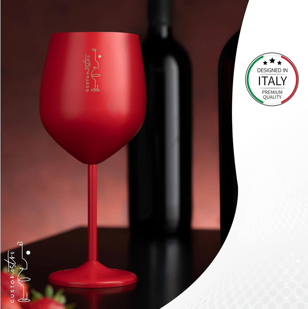 Gusto Nostro Stainless Steel Wine Glass - 18 oz - Cute, Red Unbreakable Wine Glasses for Travel, Camping and Pool - Fancy, Unique, Cool Portable Metal Wine Glass for Outdoor Events, Picnics (Set of 4)