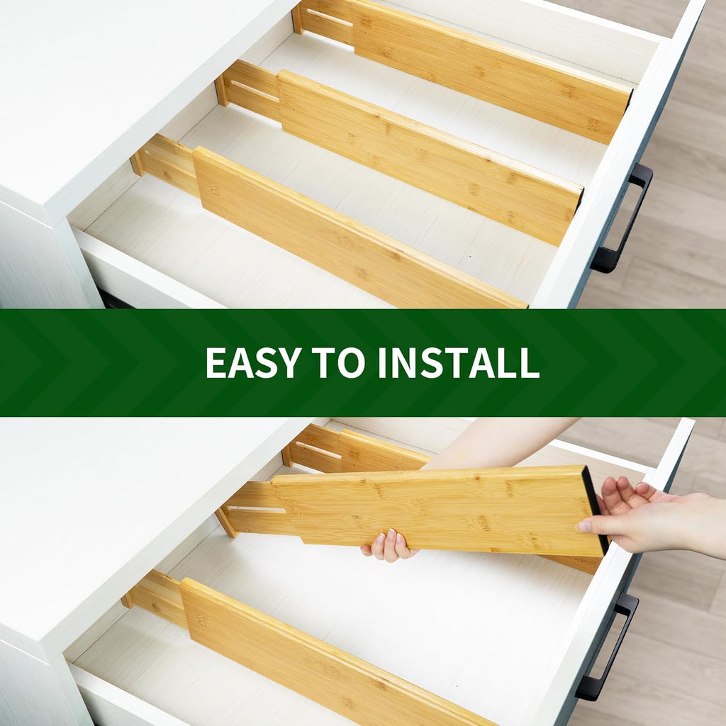 VaeFae 3 Pack Bamboo Drawer Dividers, 4" High Adjustable 11.9-17.1" Clothes Drawer Organizers, Expandable Separators for Bedroom/Bathroom/Kitchen/Office Storage
